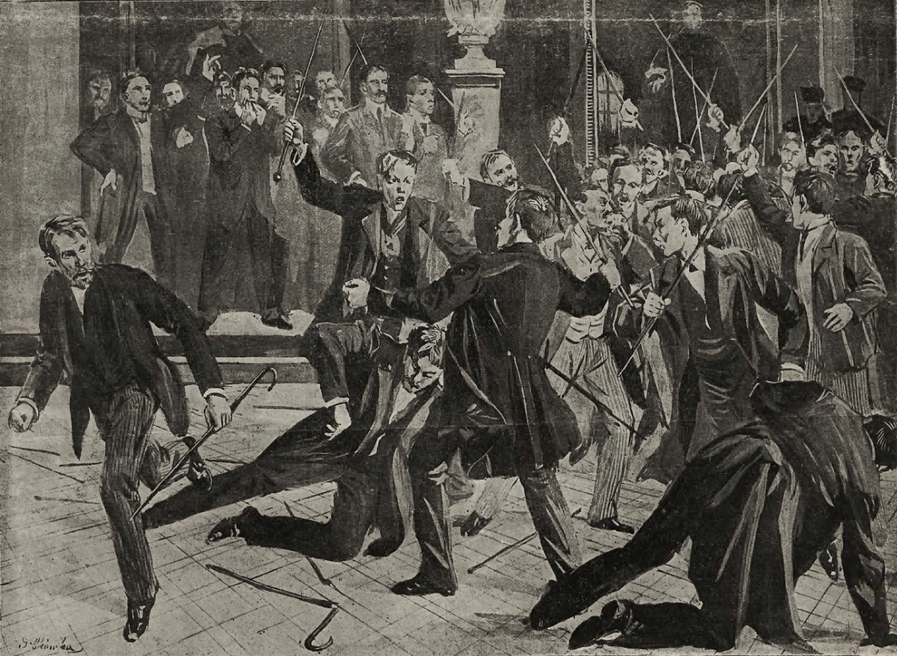 Таким рисунком зображала краківська газета події в Університеті 1907 року, називаючи їх "кривавою імматрикуляцією"
